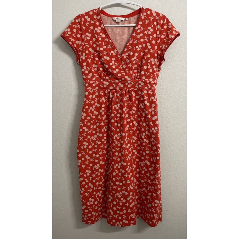 BODEN SIZE US 6R RED CHERRY PRINT DRESS T-SHIRT WRAP SHORTSLEEVE CASUAL COTTON